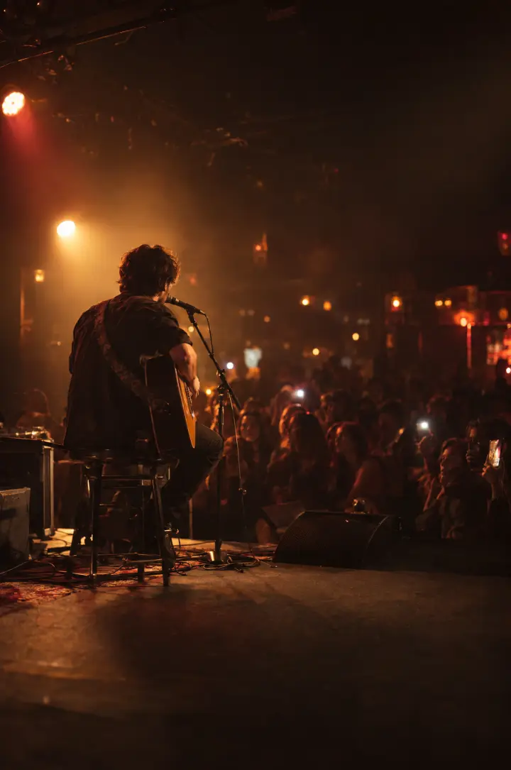 A singer-songwriter with an acoustic guitar plays a low stage in a packed club under warm amber light, seen from the side.