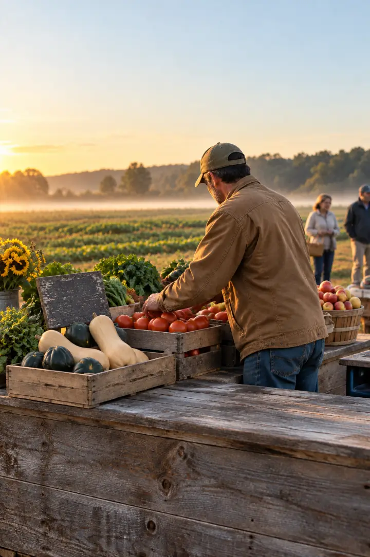 A farmer in a canvas jacket and cap sets out crates of tomatoes and squash on a wooden farm stand at sunrise, with mist over the field behind.