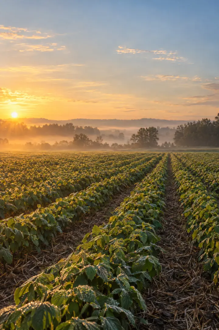 A farm field at dawn in early autumn, rows of crops running toward a misty tree line under a low golden sun.