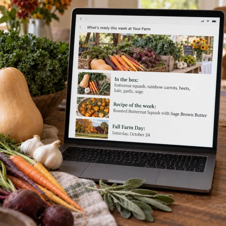 A laptop showing the email "What's ready this week at Your Farm": "In the box: butternut squash, rainbow carrots, beets, kale, garlic, sage", "Recipe of the week" and "Fall Farm Day: Saturday, October 24".