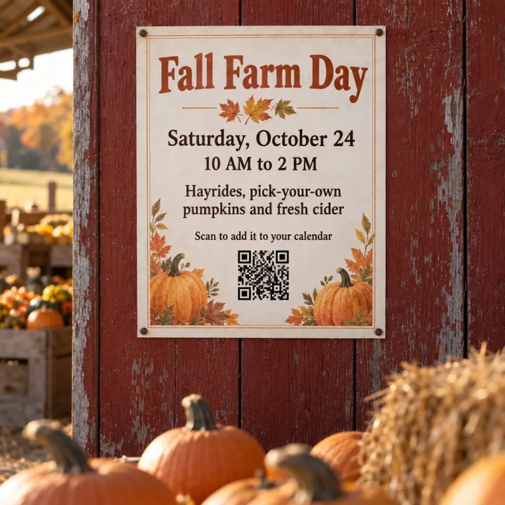 A poster on a red barn wall above pumpkins and a hay bale: "Fall Farm Day", "Saturday, October 24", "10 AM to 2 PM", "Hayrides, pick-your-own pumpkins and fresh cider", "Scan to add it to your calendar" and a QR code.