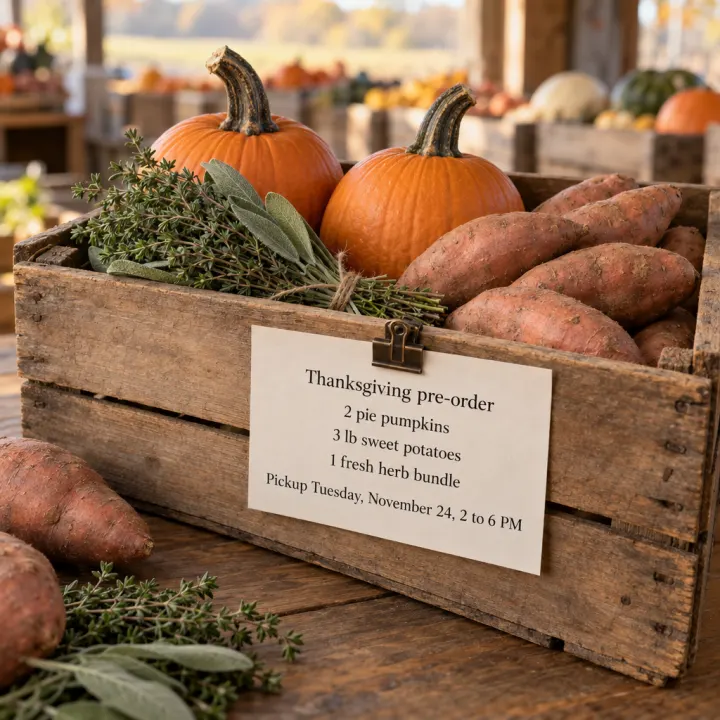 A wooden crate of two pie pumpkins, sweet potatoes and a bundle of sage and thyme on a farm-stand counter, with a printed slip: "Thanksgiving pre-order", "2 pie pumpkins", "3 lb sweet potatoes", "1 fresh herb bundle", "Pickup Tuesday, November 24, 2 to 6 PM".
