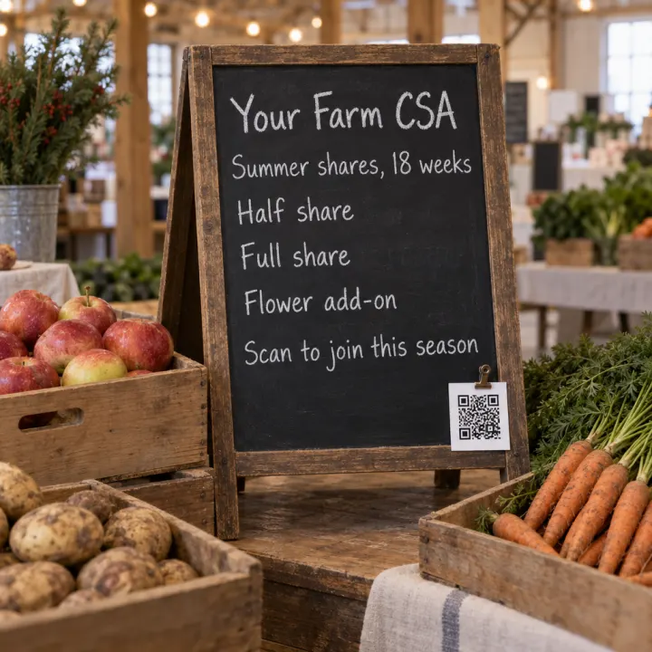 A chalkboard sign on a winter farmers market stand reading "Your Farm CSA", "Summer shares, 18 weeks", "Half share", "Full share", "Flower add-on" and "Scan to join this season", with a QR code card clipped to its corner, beside crates of apples, potatoes and carrots.