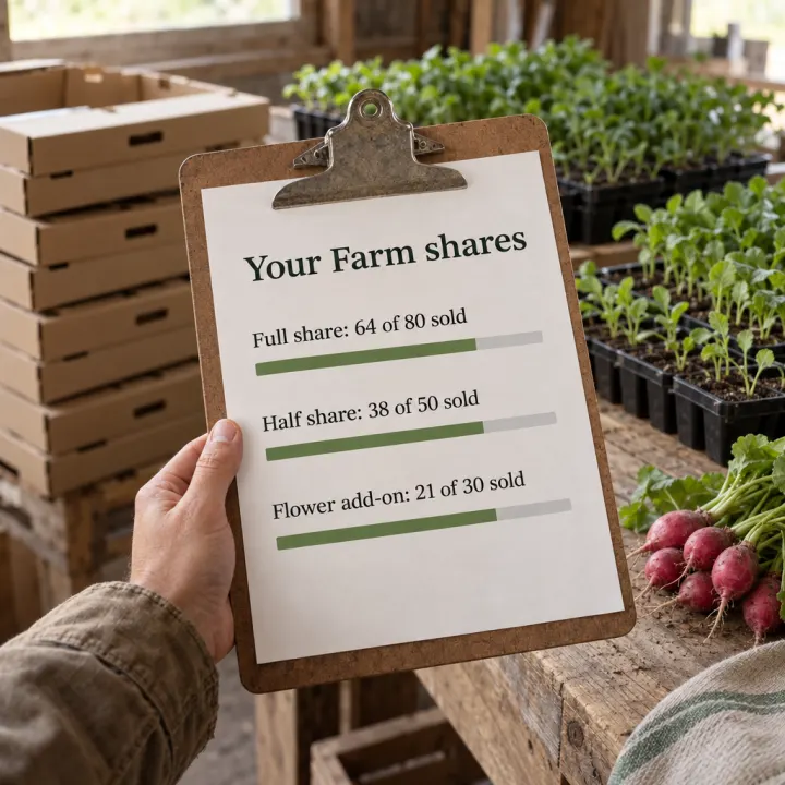 A hand holds a clipboard in a packing shed with the printed sheet "Your Farm shares": "Full share: 64 of 80 sold", "Half share: 38 of 50 sold" and "Flower add-on: 21 of 30 sold", with stacked produce boxes and seedling trays behind.