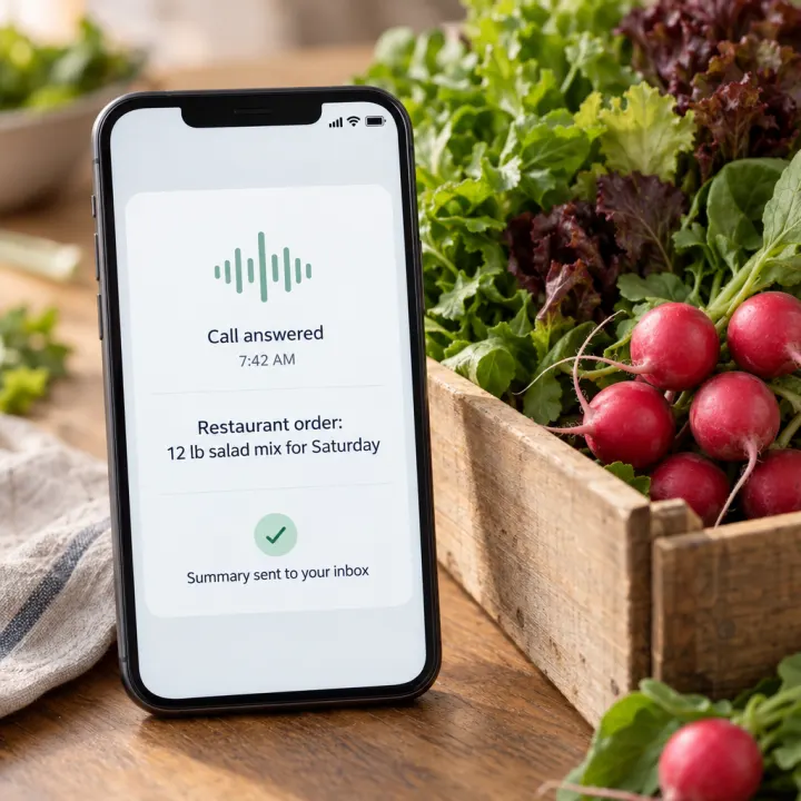 A phone showing a call summary: "Call answered 7:42 AM", "Restaurant order: 12 lb salad mix for Saturday", "Summary sent to your inbox".