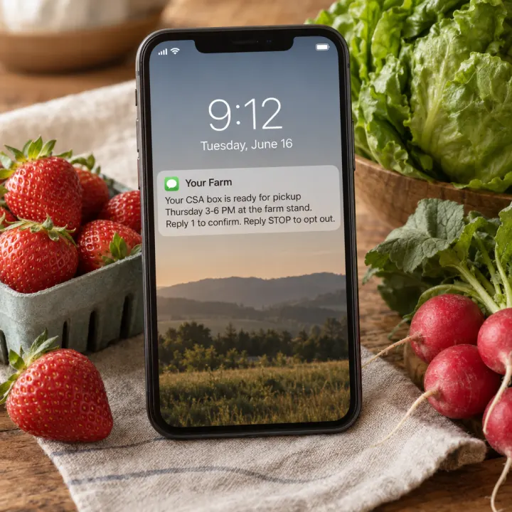 A phone lock screen at 9:12 on Tuesday, June 16 with a text from Your Farm: "Your CSA box is ready for pickup Thursday 3-6 PM at the farm stand. Reply 1 to confirm. Reply STOP to opt out."