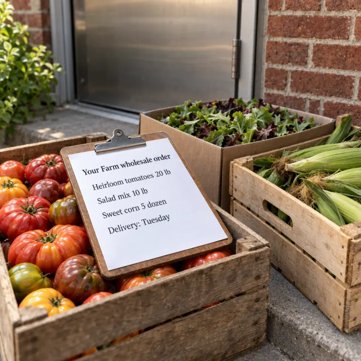 A printed order sheet on a clipboard, resting on a crate of heirloom tomatoes at a restaurant kitchen's back door beside boxes of salad mix and sweet corn: "Your Farm wholesale order", "Heirloom tomatoes 20 lb", "Salad mix 10 lb", "Sweet corn 5 dozen", "Delivery: Tuesday".