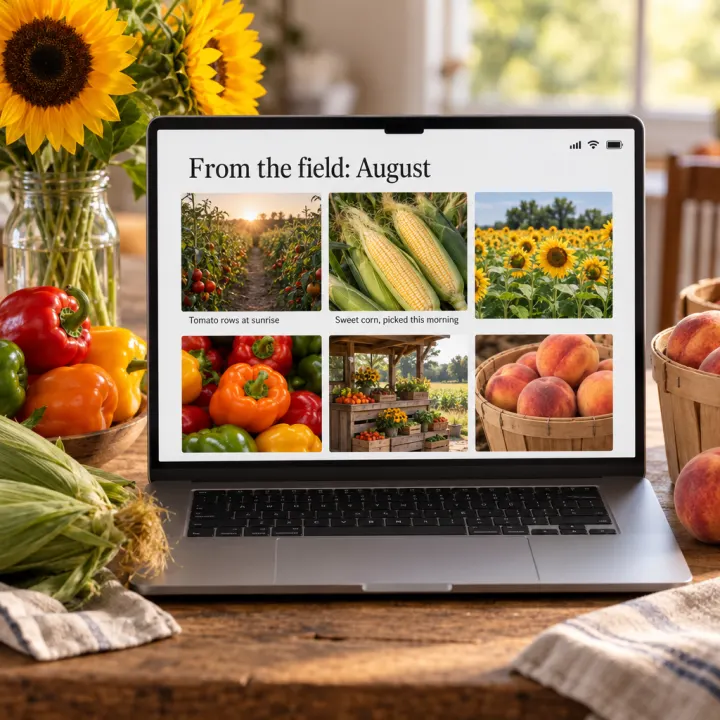 A laptop showing the gallery page "From the field: August", with photos captioned "Tomato rows at sunrise" and "Sweet corn, picked this morning".