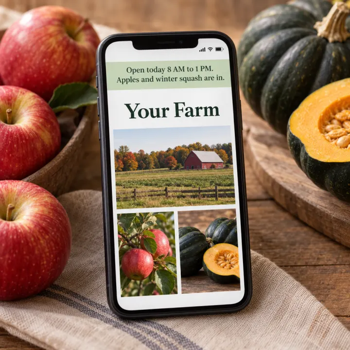 A phone showing the Your Farm website under a banner: "Open today 8 AM to 1 PM. Apples and winter squash are in."