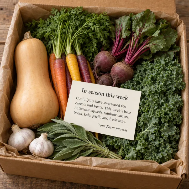 An open CSA box seen from above with butternut squash, rainbow carrots, beets, kale, garlic and sage, and a printed note: "In season this week", "Cool nights have sweetened the carrots and beets. This week's box: butternut squash, rainbow carrots, beets, kale, garlic and fresh sage.", signed "Your Farm journal".