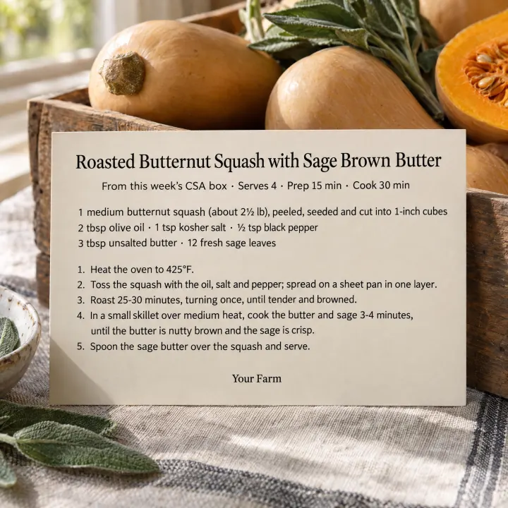 A printed recipe card leaning on a crate of butternut squash: "Roasted Butternut Squash with Sage Brown Butter", "From this week's CSA box · Serves 4 · Prep 15 min · Cook 30 min".