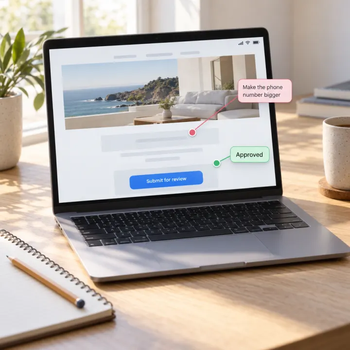 A laptop showing a web page under review with two round comment pins; pin notes read "Make the phone number bigger" and "Approved"; a button "Submit for review".