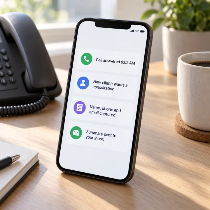 A phone showing a call summary card: "Call answered 8:02 AM", "New client: wants a consultation", "Name, phone and email captured", "Summary sent to your inbox".