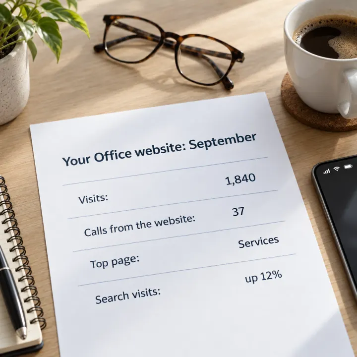 A printed one-page report on a desk: title "Your Office website: September", rows "Visits: 1,840", "Calls from the website: 37", "Top page: Services", "Search visits: up 12%".