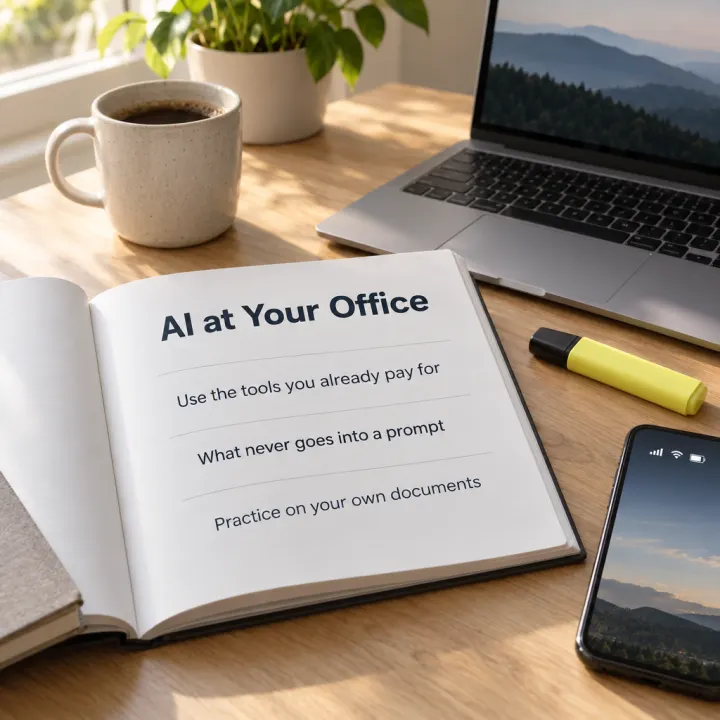 A printed workbook open on the desk beside a laptop: heading "AI at Your Office", lines "Use the tools you already pay for", "What never goes into a prompt", "Practice on your own documents".