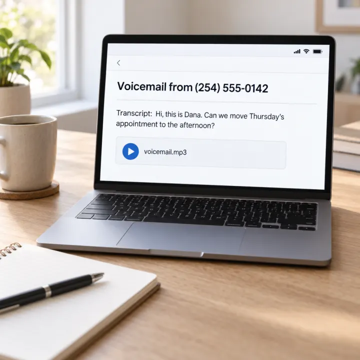 A laptop showing an email: subject "Voicemail from (254) 555-0142", the line "Transcript: Hi, this is Dana. Can we move Thursday's appointment to the afternoon?", and an audio attachment labeled "voicemail.mp3".