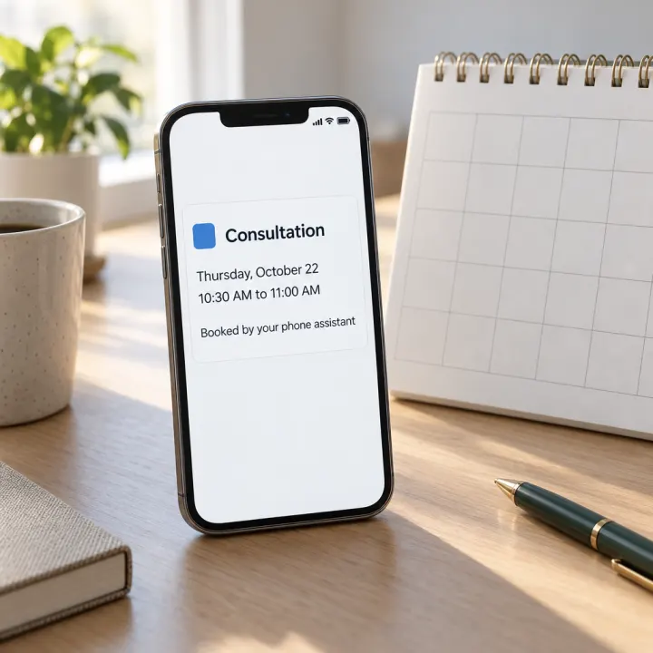 A phone showing a calendar event: title "Consultation", lines "Thursday, October 22", "10:30 AM to 11:00 AM", "Booked by your phone assistant".