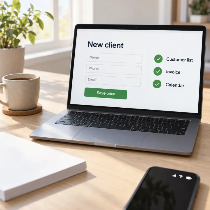 A laptop showing a form titled "New client" with the fields "Name", "Phone", "Email", a button "Save once", and three green check marks labeled "Customer list", "Invoice", "Calendar".