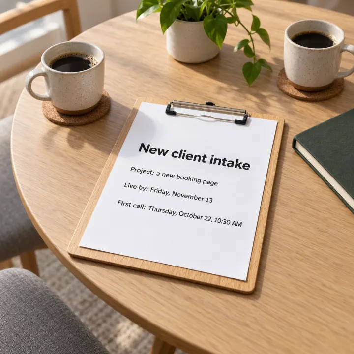 A printed intake summary on a clipboard on a round meeting table between two coffee cups: "New client intake", "Project: a new booking page", "Live by: Friday, November 13", "First call: Thursday, October 22, 10:30 AM".