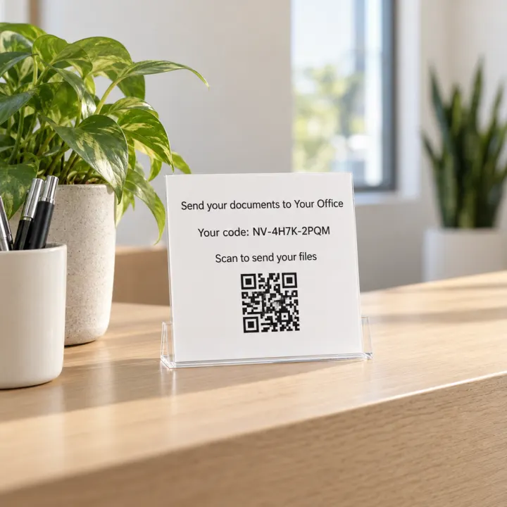A printed card in a clear stand on a reception counter beside a plant and a pen cup: "Send your documents to Your Office", "Your code: NV-4H7K-2PQM", "Scan to send your files" and a QR code.