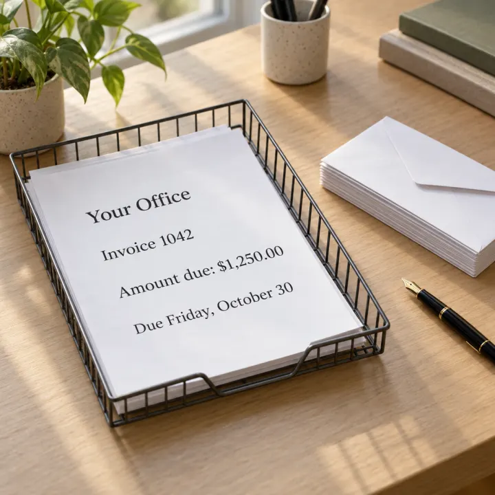 A printed invoice in a wire tray on a desk beside envelopes and a fountain pen: "Your Office", "Invoice 1042", "Amount due: $1,250.00", "Due Friday, October 30".