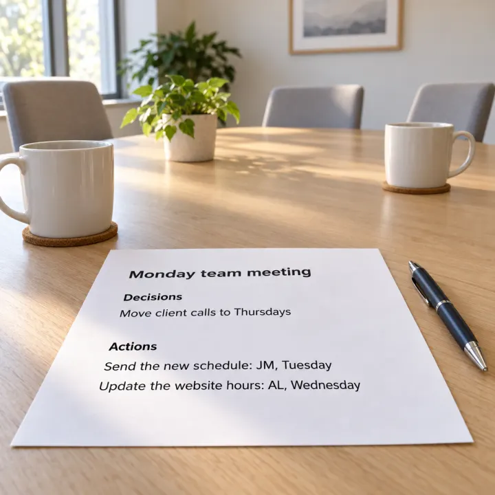 Printed meeting notes on a conference table with empty chairs and coffee mugs: "Monday team meeting", "Decisions", "Move client calls to Thursdays", "Actions", "Send the new schedule: JM, Tuesday", "Update the website hours: AL, Wednesday".
