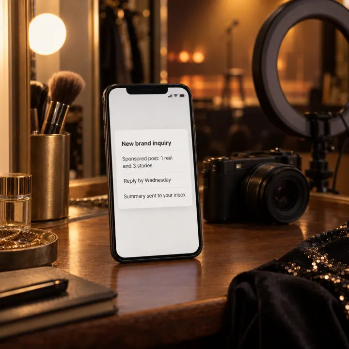 A phone showing a message summary card: "New brand inquiry", "Sponsored post: 1 reel and 3 stories", "Reply by Wednesday", "Summary sent to your inbox".
