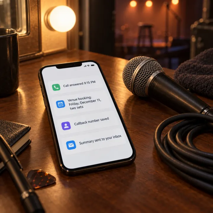 A phone beside a microphone, showing a call summary card: "Call answered 9:15 PM", "Venue booking: Friday, December 11, two sets", "Callback number saved", "Summary sent to your inbox".