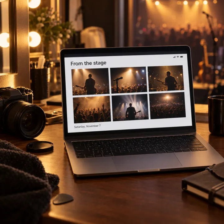 A laptop showing a photo gallery titled "From the stage", six photo tiles of a performer and a crowd under warm stage light, faces small or turned away, one caption "Saturday, November 7".