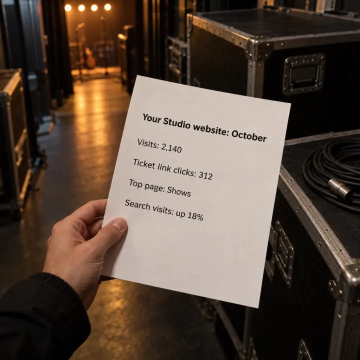 A hand holds a printed report in a backstage corridor of road cases: "Your Studio website: October", "Visits: 2,140", "Ticket link clicks: 312", "Top page: Shows", "Search visits: up 18%".
