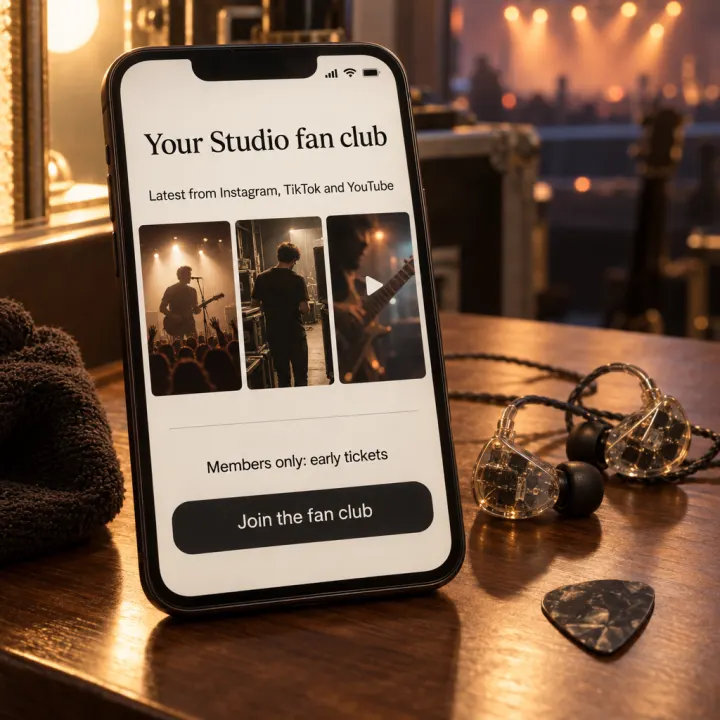 A phone showing "Your Studio fan club": "Latest from Instagram, TikTok and YouTube" over three post tiles, "Members only: early tickets" and a "Join the fan club" button.