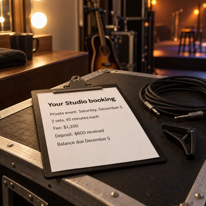 A printed booking confirmation on a clipboard on a road case backstage: "Your Studio booking", "Private event: Saturday, December 5", "2 sets, 45 minutes each", "Fee: $1,200", "Deposit: $600 received", "Balance due December 5".