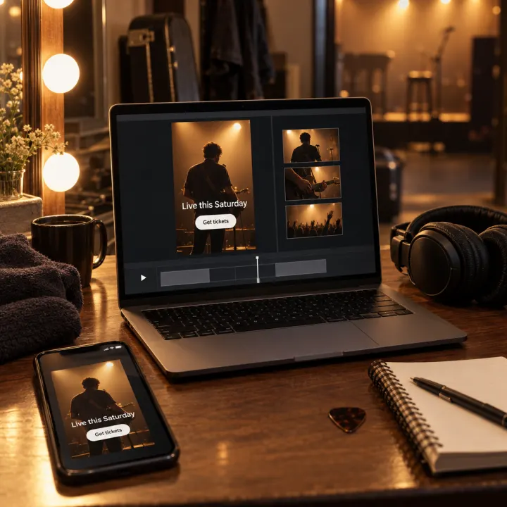 A laptop showing a video editor with one vertical video frame of a performer on a stage under amber light, the on-frame headline "Live this Saturday" and the button "Get tickets", and three small storyboard frames beside it with no text.