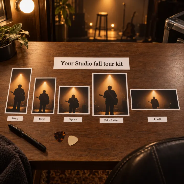 Five printed proofs of the same tour artwork, a performer's silhouette under an amber spotlight, laid in a row on a dressing-room table under the title "Your Studio fall tour kit" and labeled "Story", "Feed", "Square", "Print Letter" and "Email".