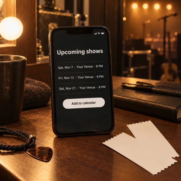 A phone showing a shows page: heading "Upcoming shows", rows "Sat, Nov 7 · Your Venue · 8 PM", "Fri, Nov 13 · Your Venue · 9 PM", "Sat, Nov 21 · Your Venue · 8 PM", and a button "Add to calendar".