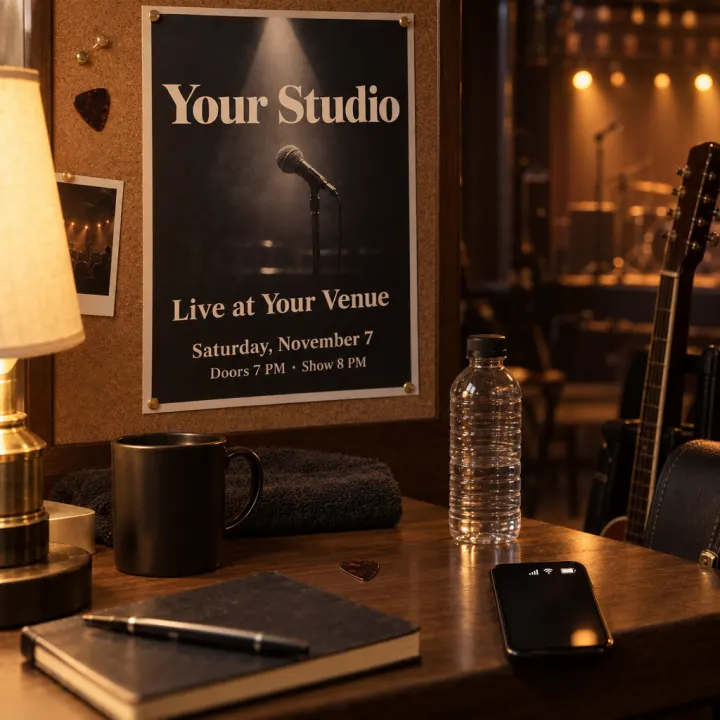 A printed show poster pinned to a corkboard above the table: "Your Studio", "Live at Your Venue", "Saturday, November 7", "Doors 7 PM · Show 8 PM". Bold editorial poster type over a photo of a microphone under a spotlight.