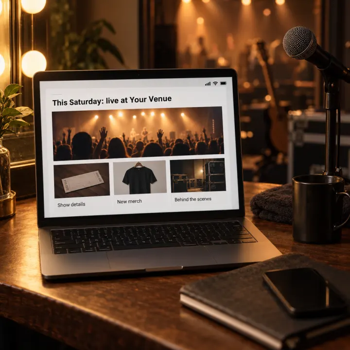 An email open on a laptop: subject "This Saturday: live at Your Venue", a header photo of a crowd under stage lights with no faces in focus, three short sections "Show details", "New merch", "Behind the scenes".