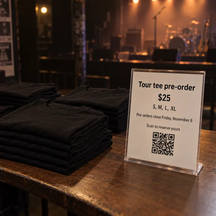Stacks of folded black T-shirts on a merch table at a music venue, beside a printed sign: "Tour tee pre-order", "$25", "S, M, L, XL", "Pre-orders close Friday, November 6", "Scan to reserve yours" and a QR code.