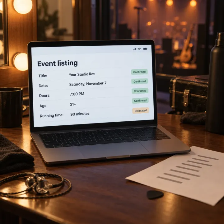 A laptop showing a form titled "Event listing", rows "Title: Your Studio live", "Date: Saturday, November 7", "Doors: 7:00 PM", "Age: 21+", each row with a small tag "Confirmed", and one row "Running time: 90 minutes" with the tag "Estimated".