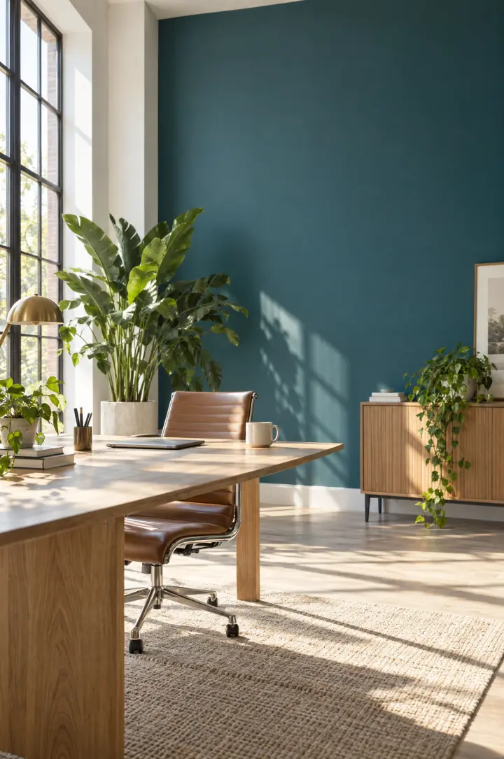 A bright, empty office in morning light: tall windows, a light oak desk, a leather chair, plants and a deep teal wall.