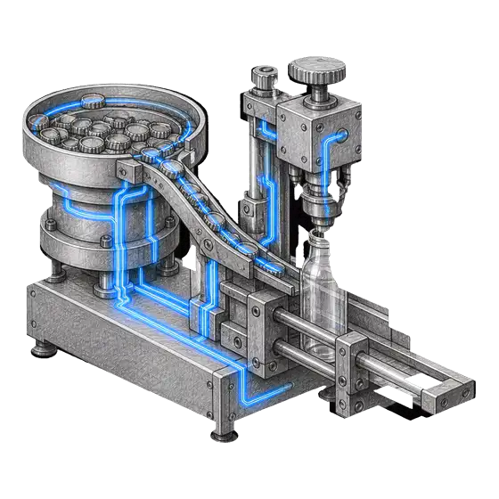 A small steel machine feeding parts along a track, its moving paths traced in blue