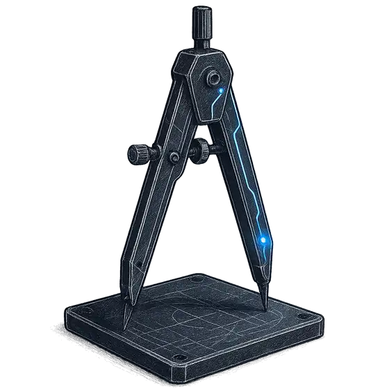 A drafting compass standing on a drawing board, a thin blue line along one leg
